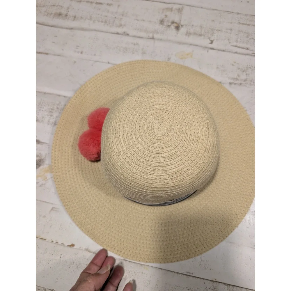 Talbots Women's Wide Brim Sun Hat Black White Pink Pom Pom Beach Summer Vacation